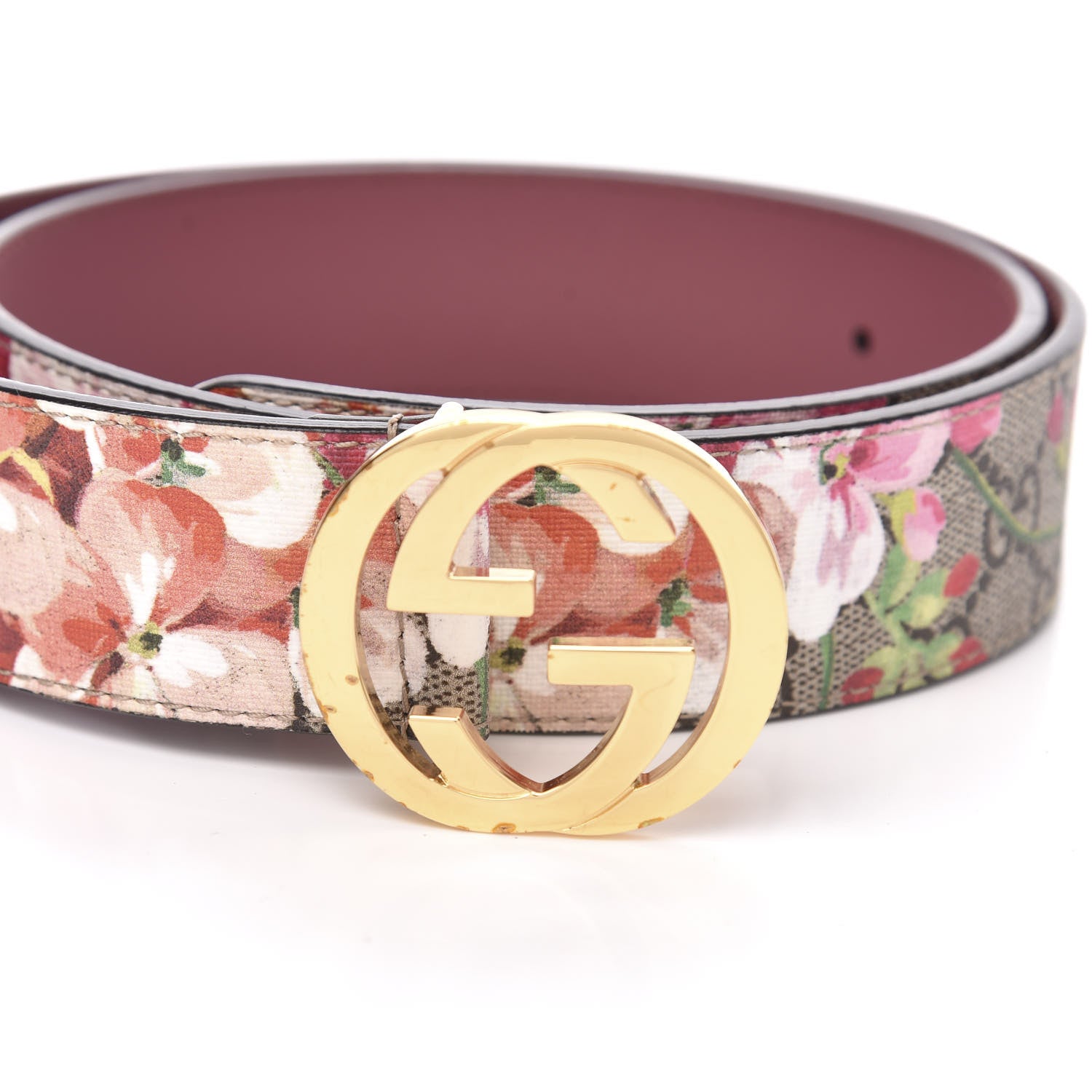 Gucci GG Supreme Monogram Blooms Moon Calfskin Interlocking G 37mm Belt 85 34 Beige Ebony Multicolor Dry Rose 6 of 7