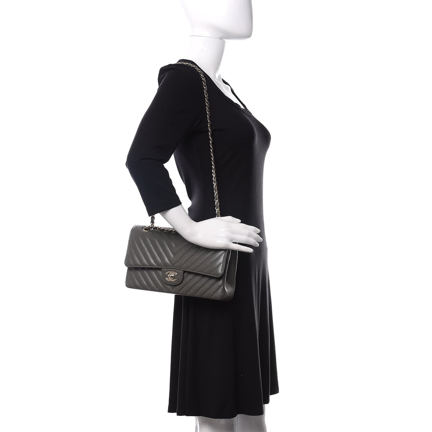 Caviar Chevron Quilted Medium Double Flap Dark Grey