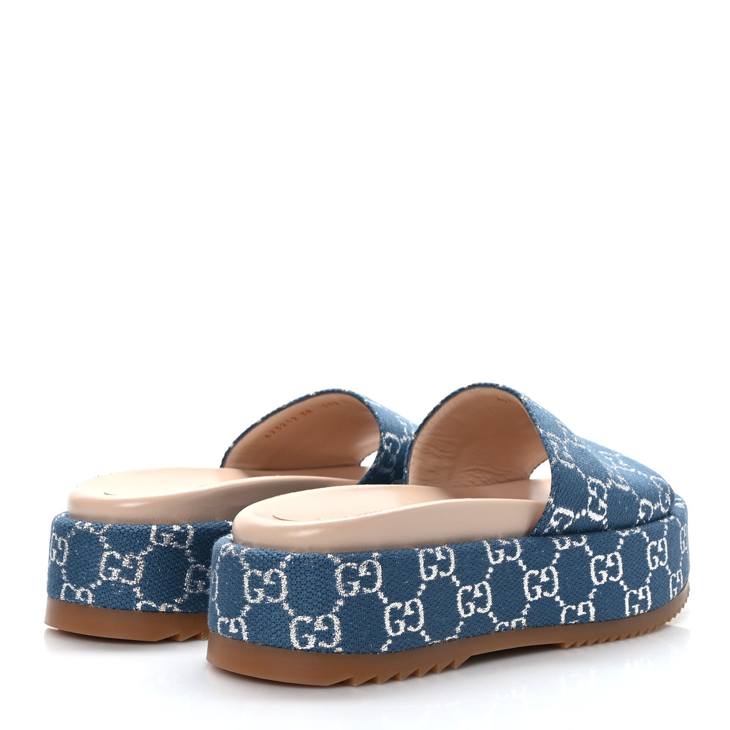 Gucci Canvas Lame GG Monogram Angelina Platform 55mm Slide Sandals 38 Blue Silver 4 of 8