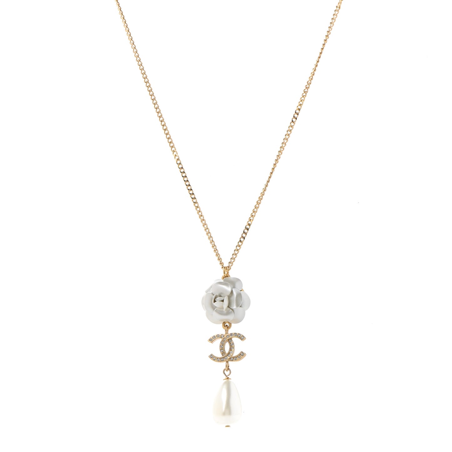 Crystal Pearl CC Camellia Flower Necklace Gold