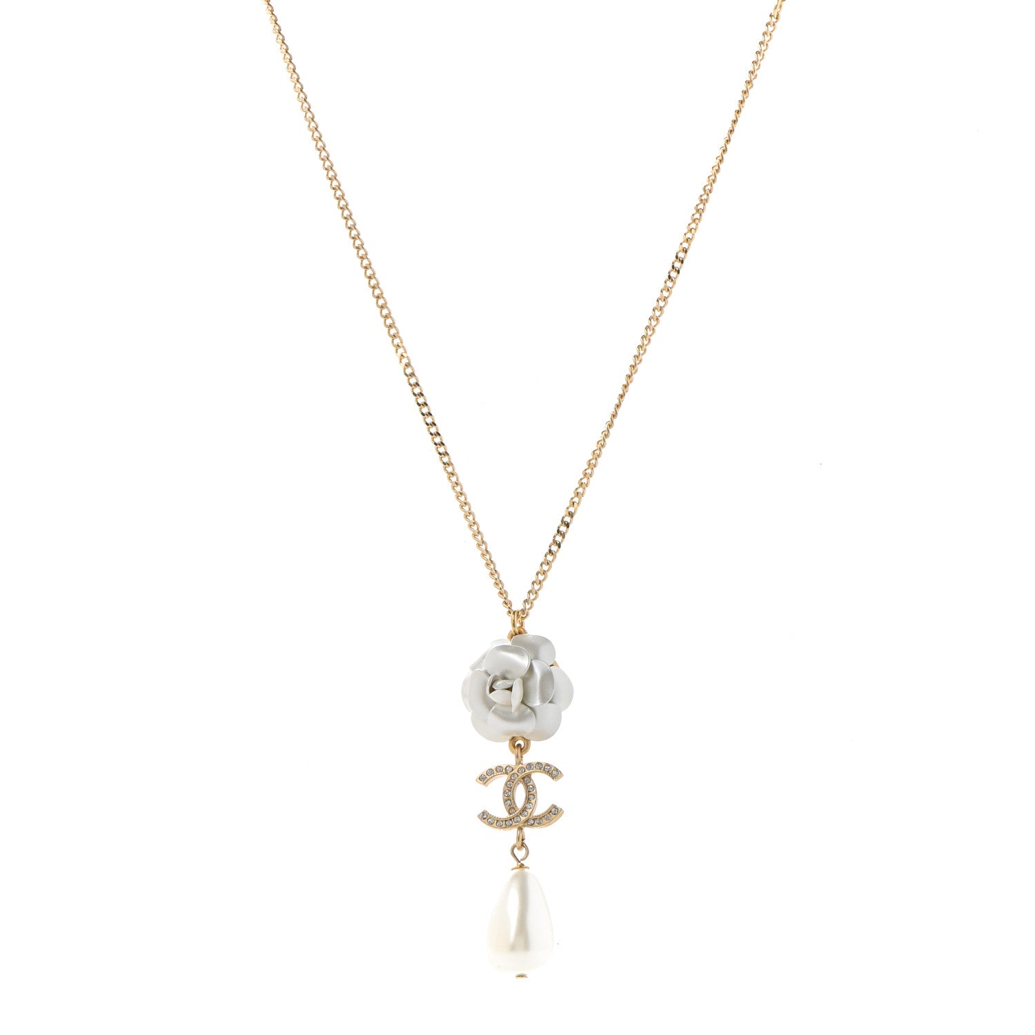 Chanel Crystal Pearl CC Camellia Flower Necklace Gold 1 of 6