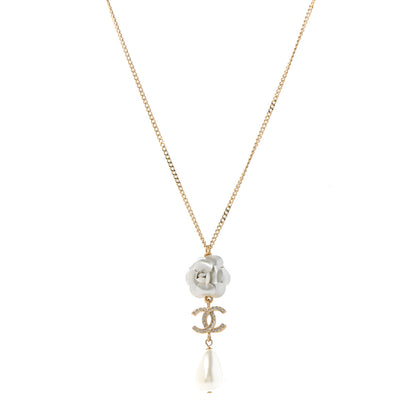 Chanel Crystal Pearl CC Camellia Flower Necklace Gold 1 of 6