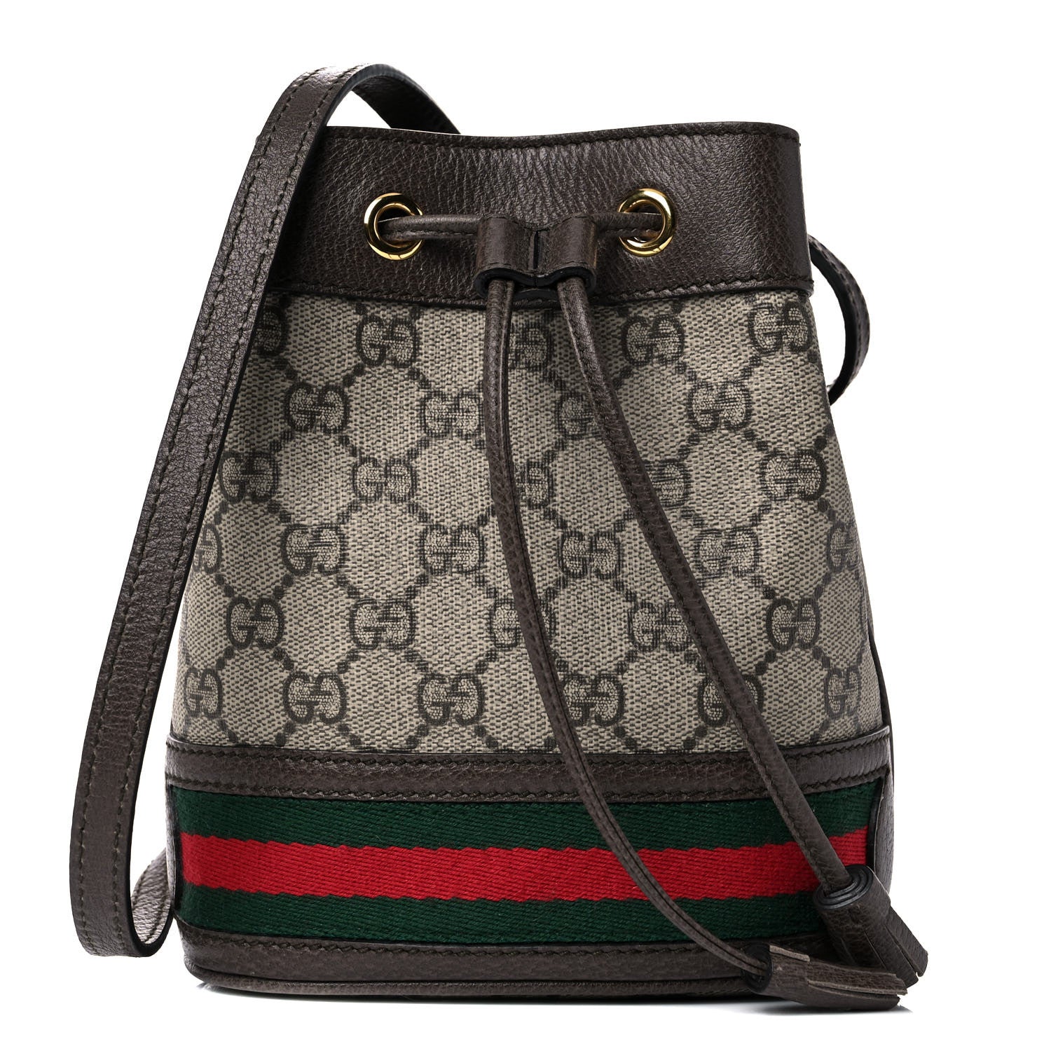 Gucci GG Supreme Monogram Web Mini Ophidia Bucket Bag Brown 1 of 12