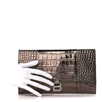 Balenciaga Shiny Metallic Calfskin Crocodile Embossed Hourglass Flap Flat Pouch Dark Bronze 2 of 11