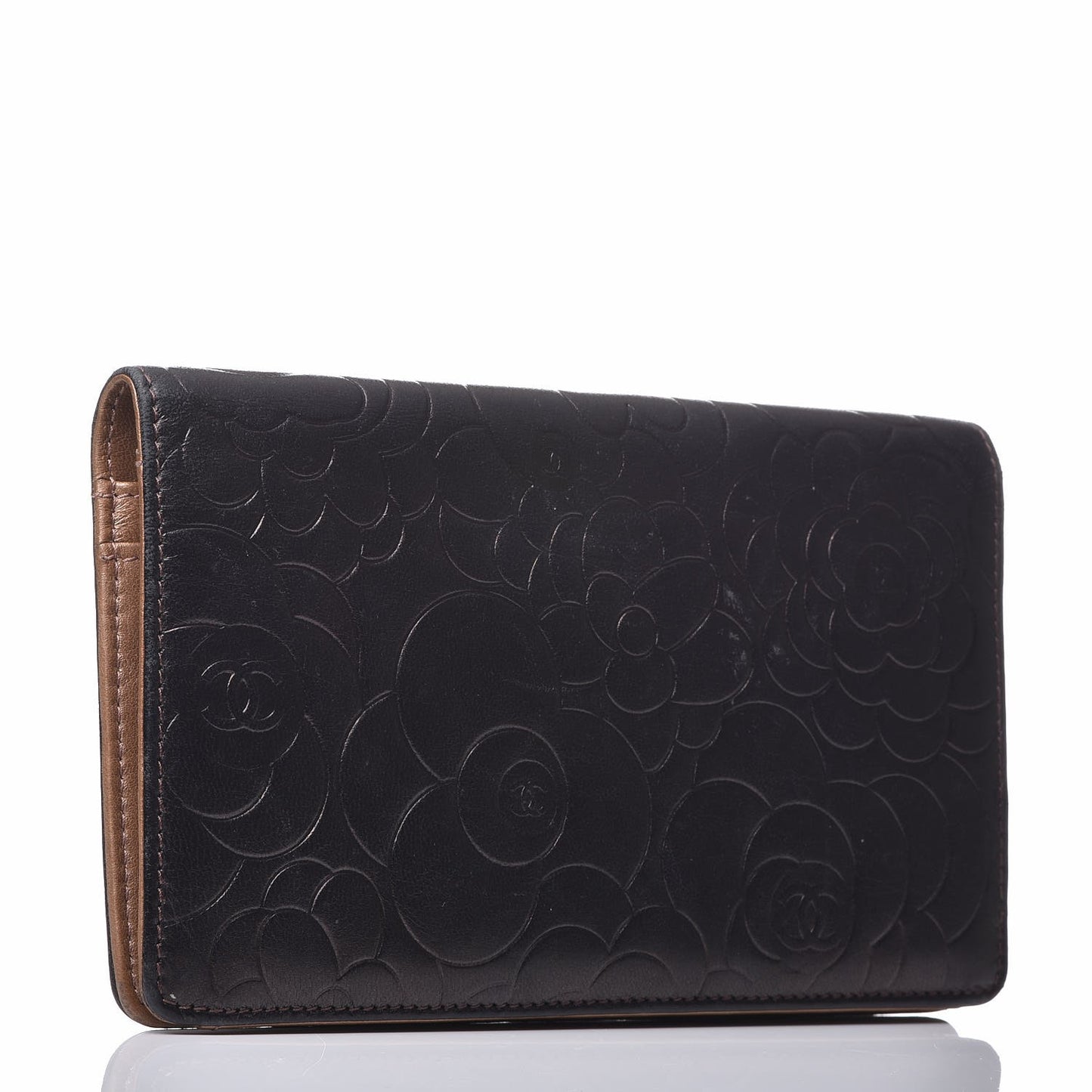 Metallic Lambskin Camellia Embossed Yen Wallet Brown