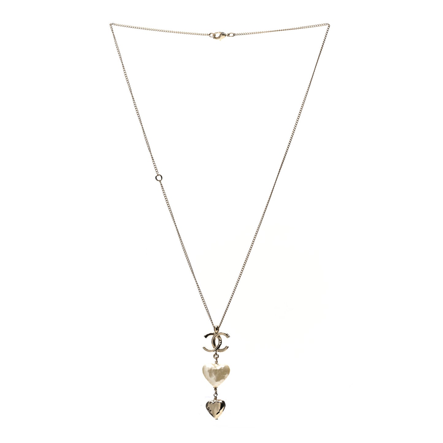 Pearl CC Double Heart Drop Necklace Pearly White Gold
