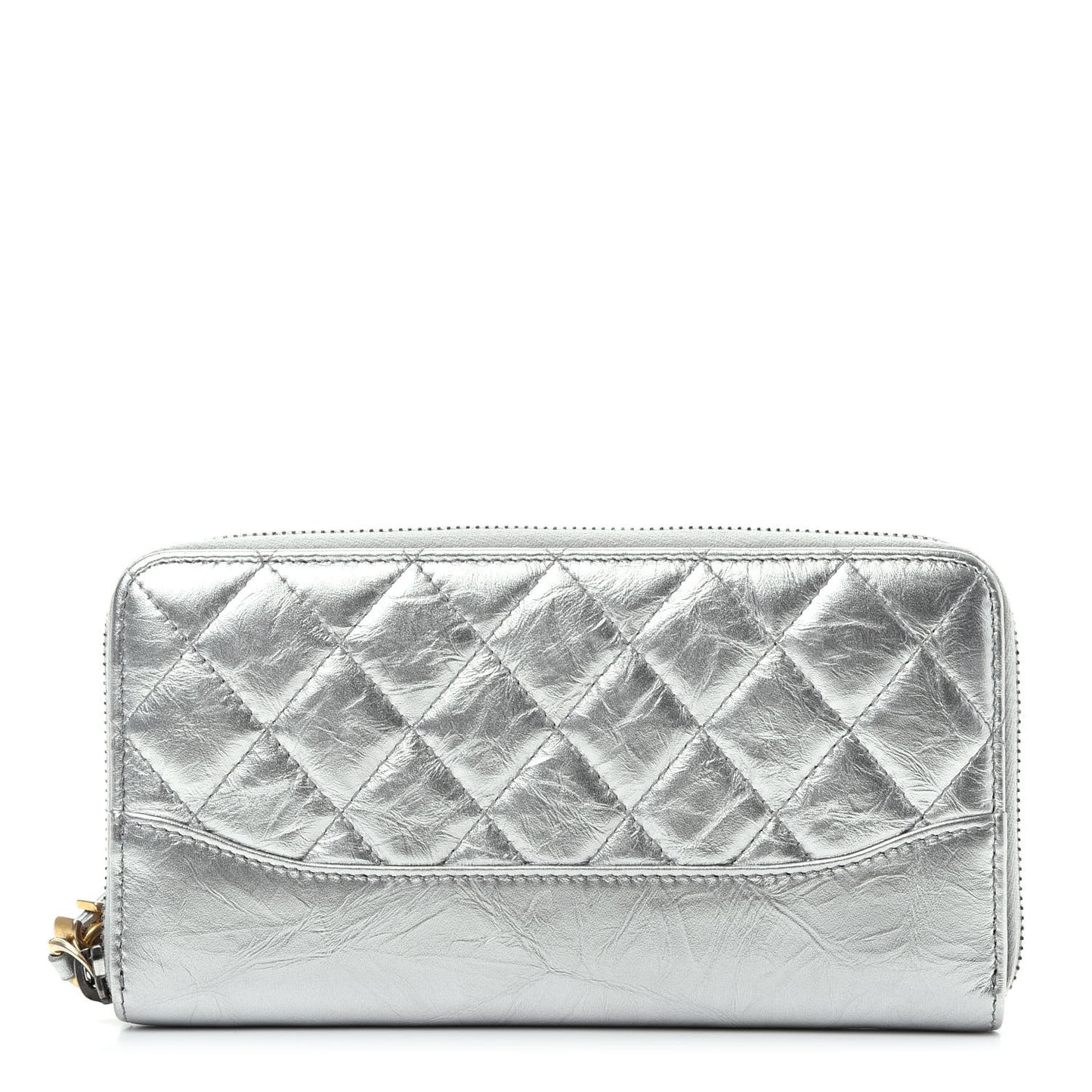 Metallic Aged Calfskin Quilted Large Gabrielle Zip Around Wallet Silver