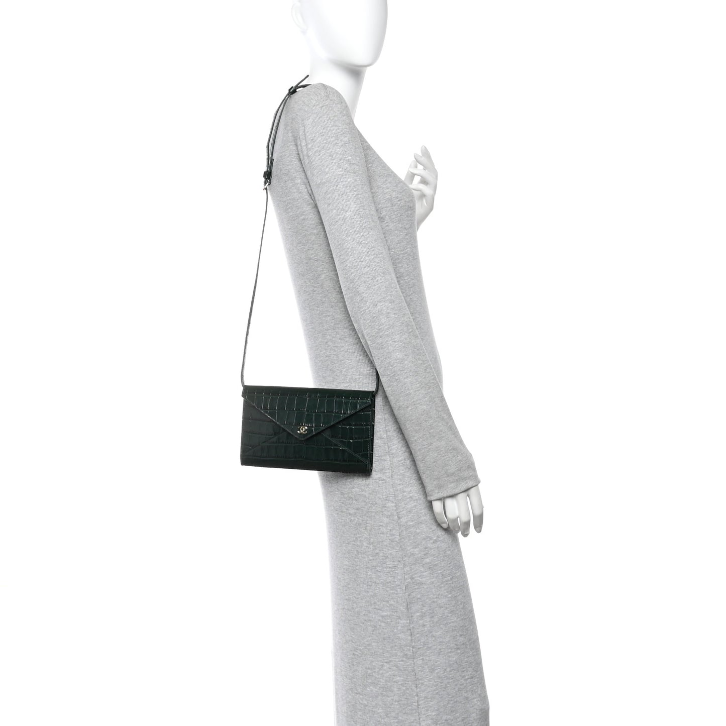 Calfskin Crocodile Embossed Envelope Clutch With Chain Emerald