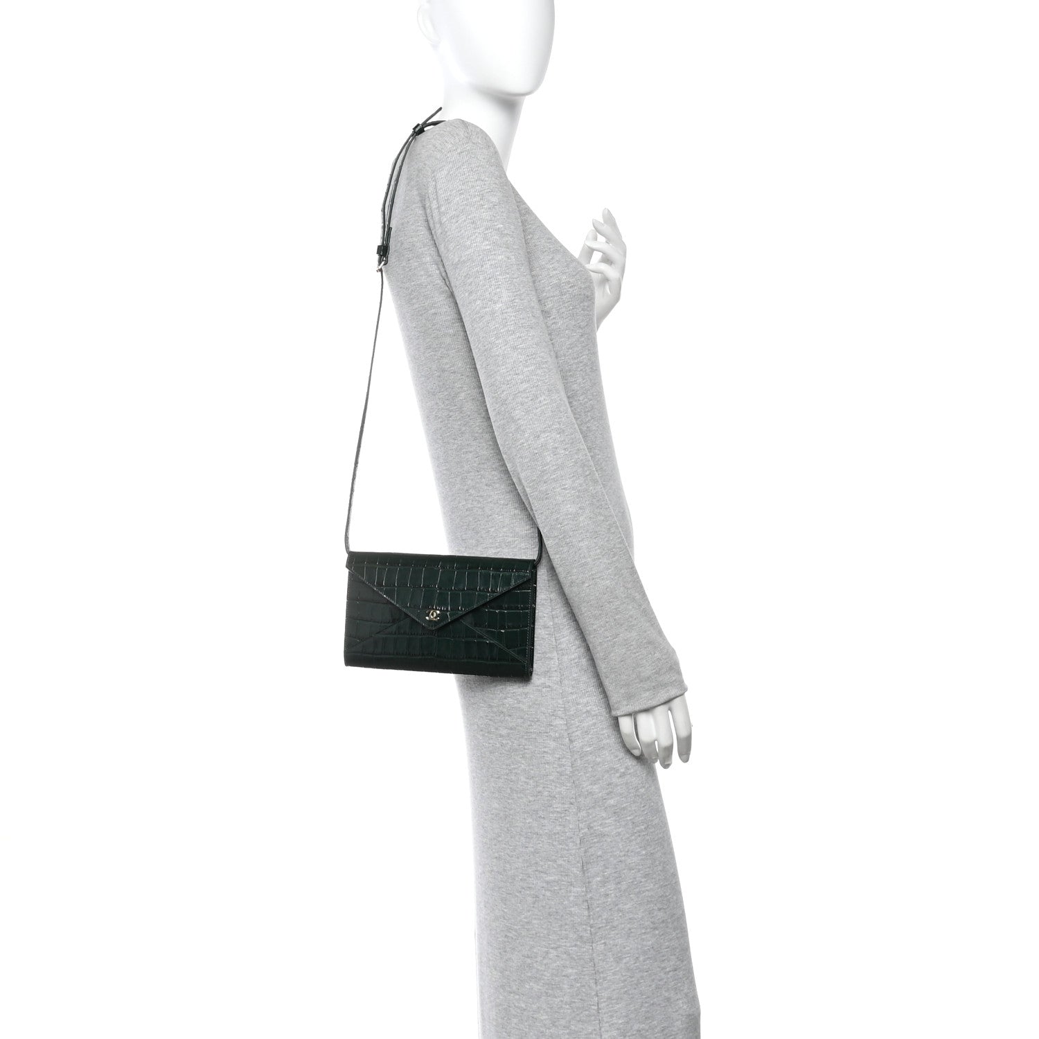 Chanel Calfskin Crocodile Embossed Envelope Clutch With Chain Emerald 2 of 10