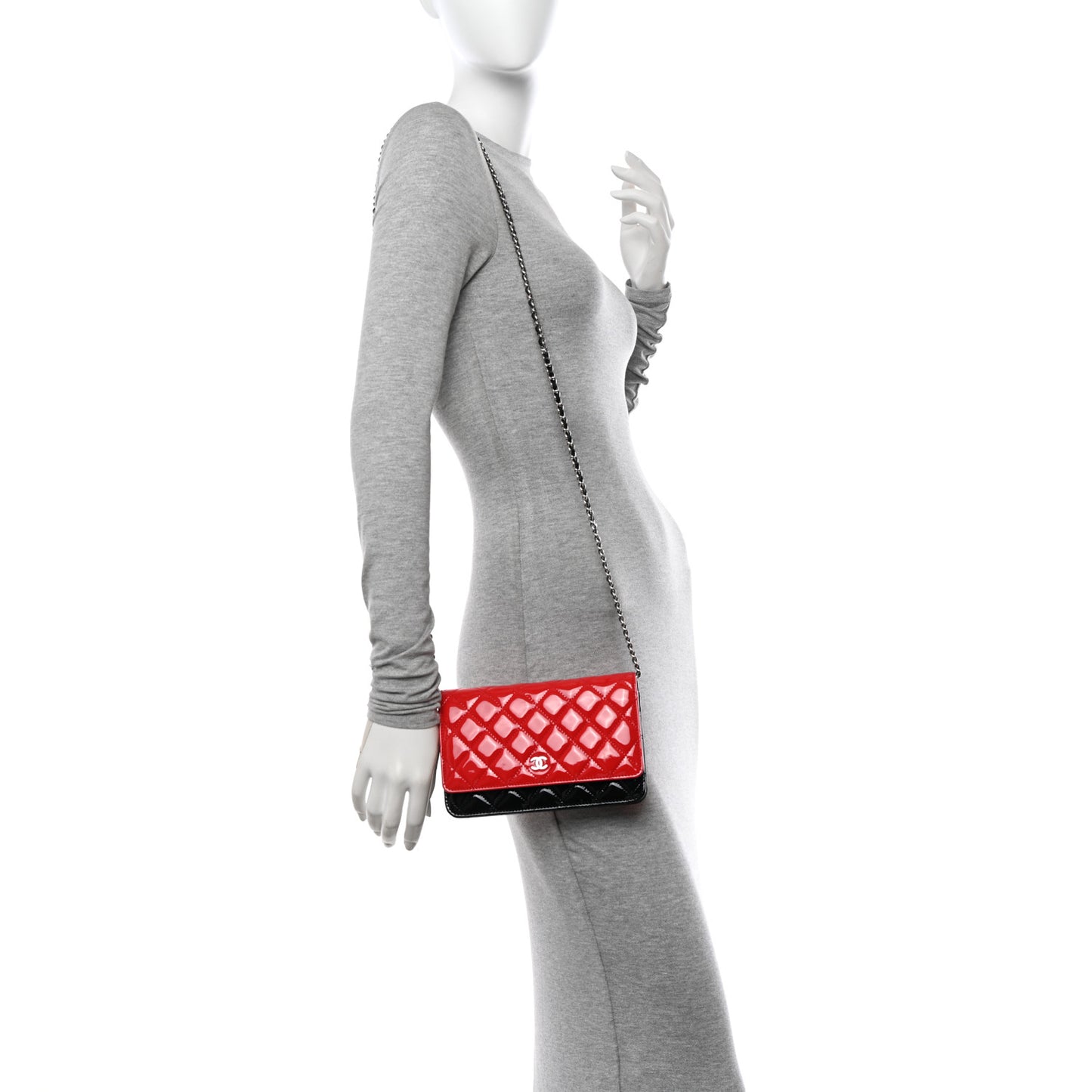 Patent Quilted Bi-Color Wallet On Chain WOC Red Black