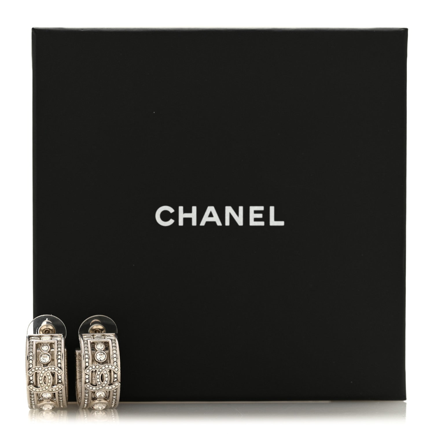 Chanel Metal Crystal CC Hoop Earrings Silver 5 of 5