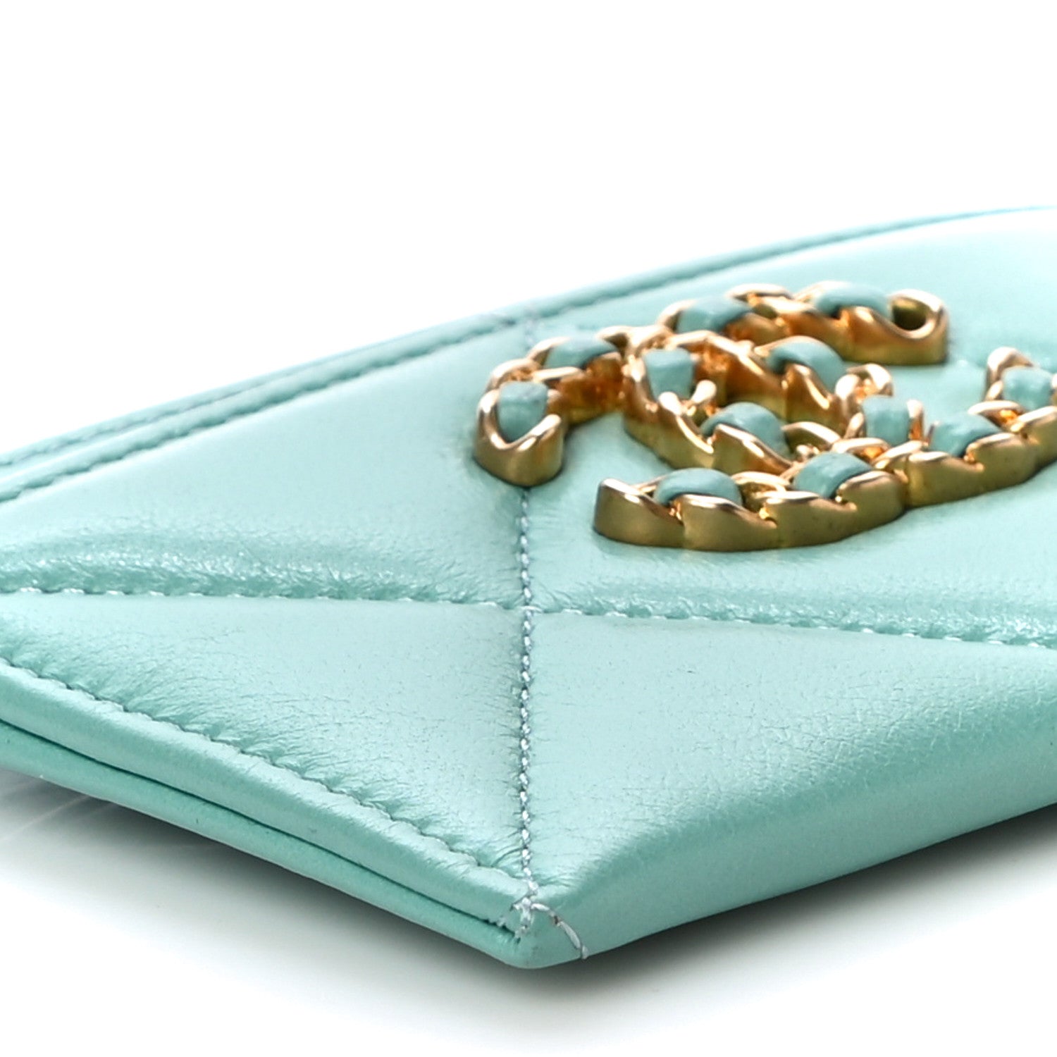 Chanel Shiny Goatskin Quilted Chanel 19 Card Holder Turquoise 10 of 12