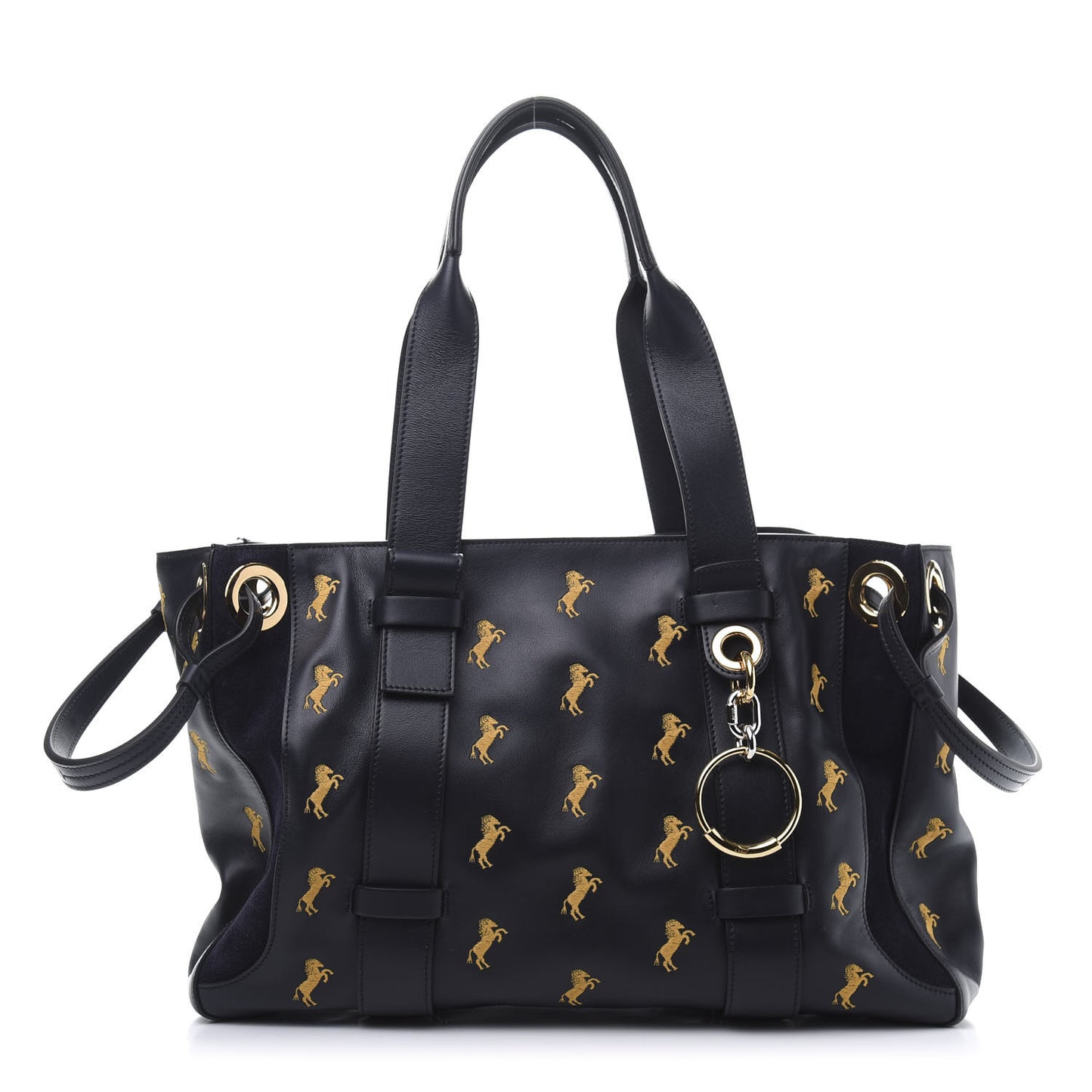 Smooth Calfskin Little Horses Embroidered Tao Zipped Tote Full Blue