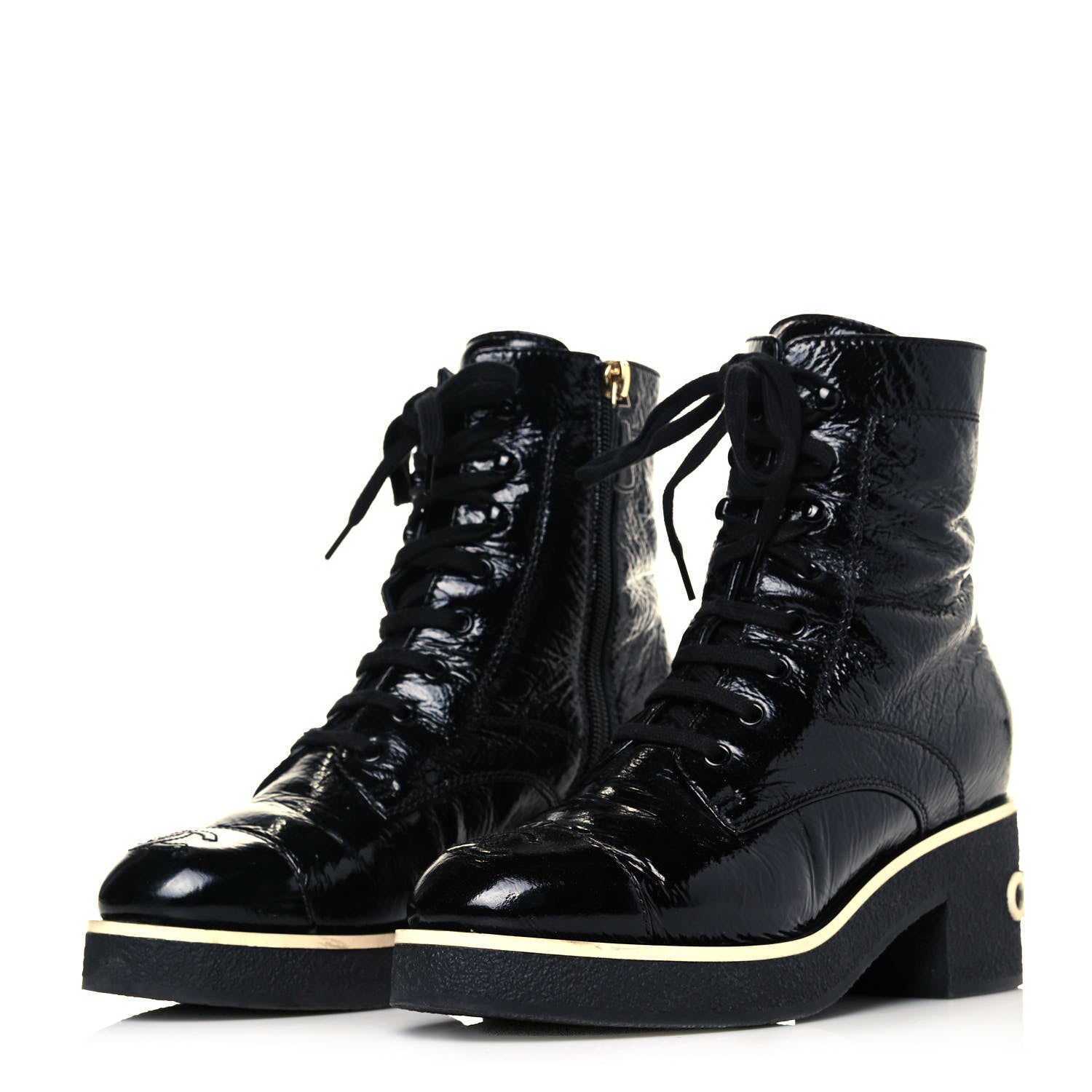 Chanel Shiny Crumpled Lambskin Lace Up Combat Boots 37 Black 3 of 5