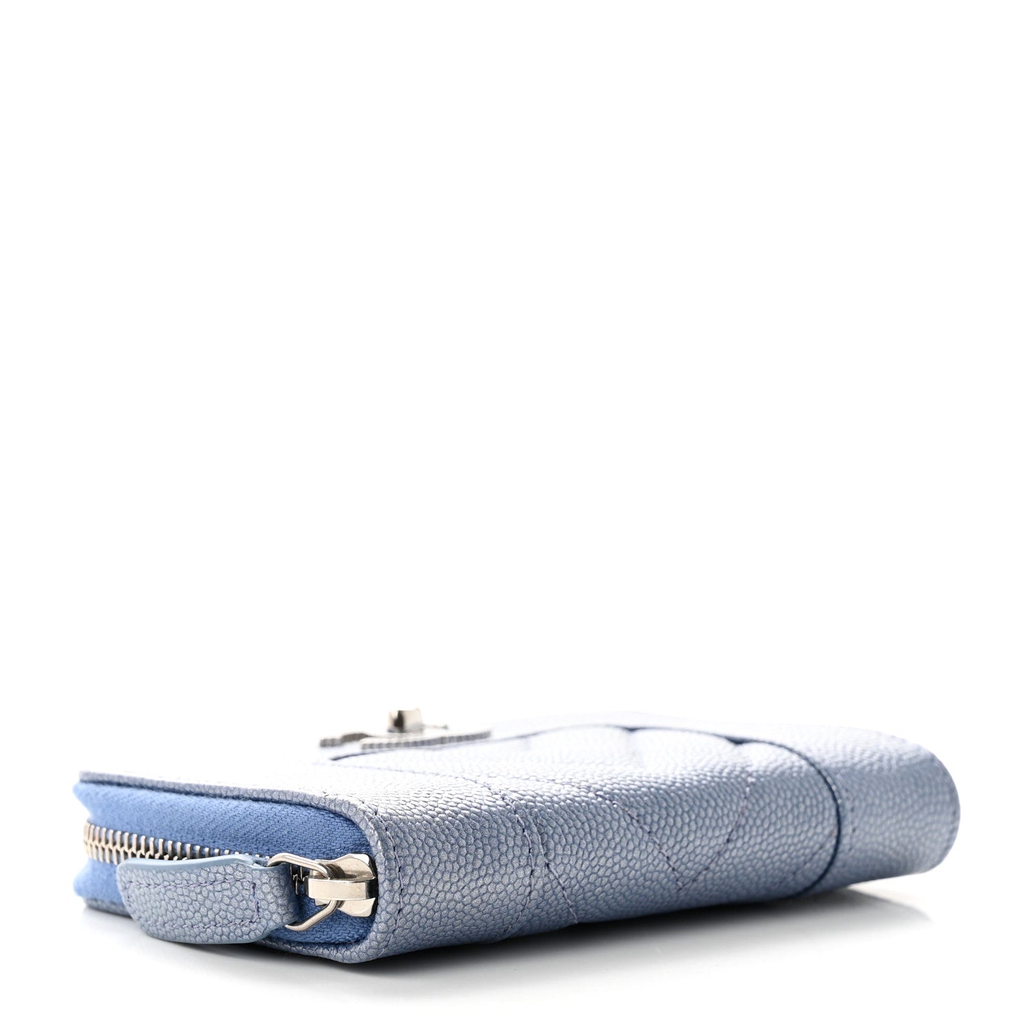 Chanel Metallic Caviar Chevron Quilted Vintage Mademoiselle Zip Coin Purse Blue 4 of 9