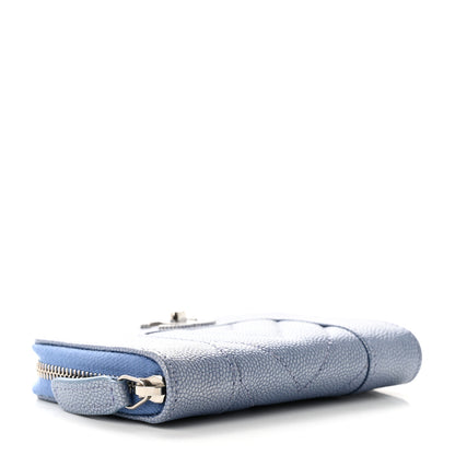 Chanel Metallic Caviar Chevron Quilted Vintage Mademoiselle Zip Coin Purse Blue 4 of 9