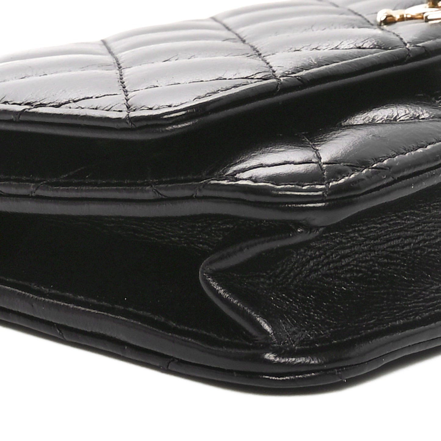 Shiny Aged Calfskin Enamel Logo Quilted Wallet On Chain WOC Black
