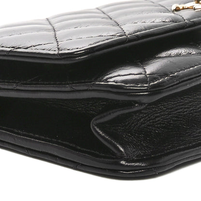 Chanel Shiny Aged Calfskin Enamel Logo Quilted Wallet On Chain WOC Black 9 of 10