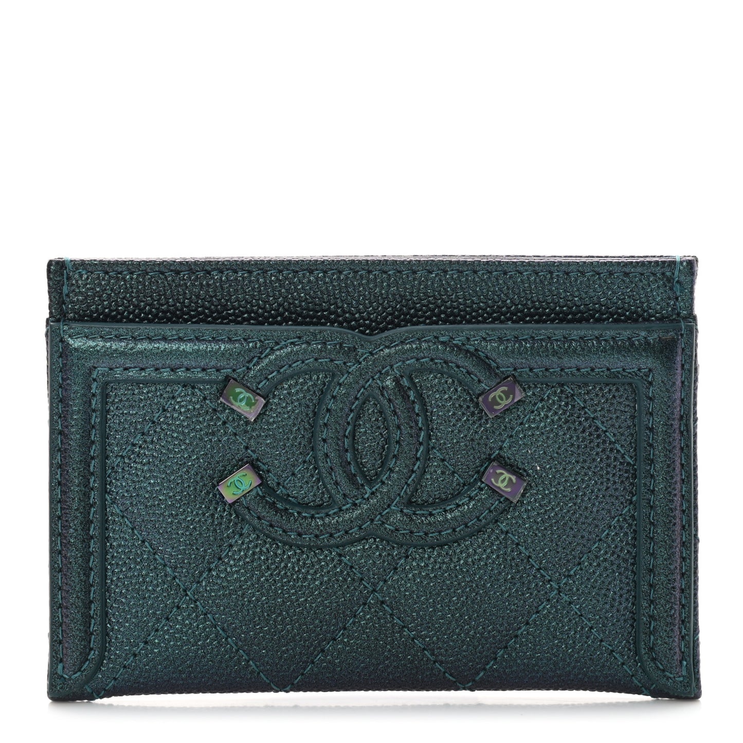 Iridescent Caviar Quilted Filigree Card Holder Dark Turquoise