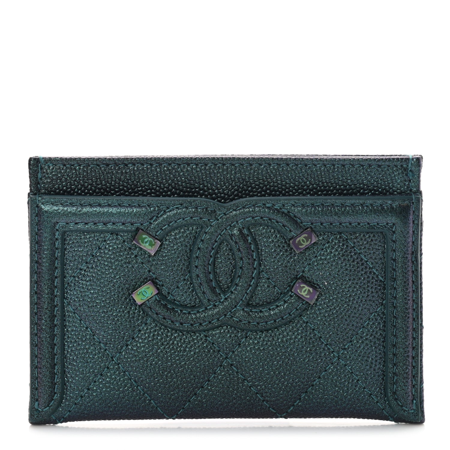 Chanel Iridescent Caviar Quilted Filigree Card Holder Dark Turquoise 1 of 9