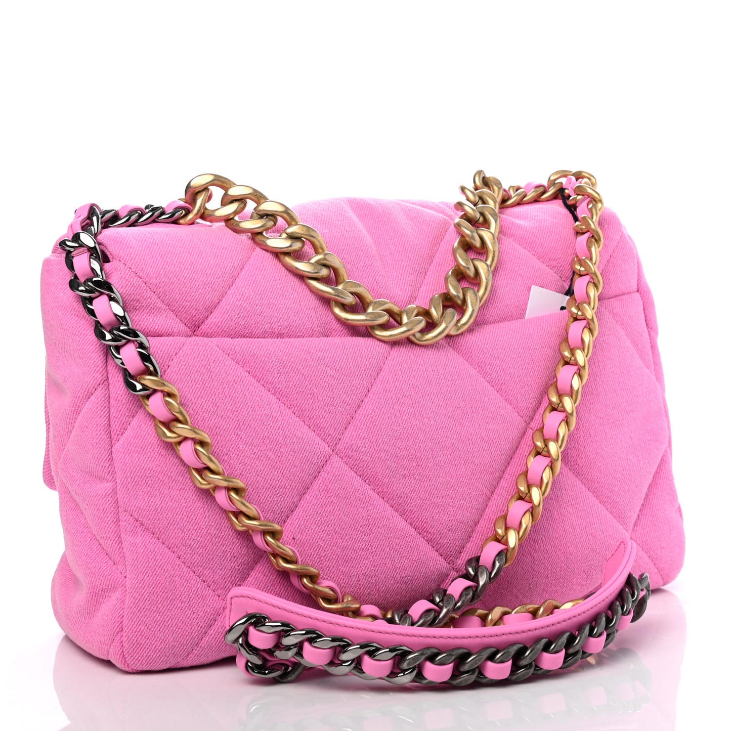 Denim Quilted Large Chanel 19 Flap Neon Pink