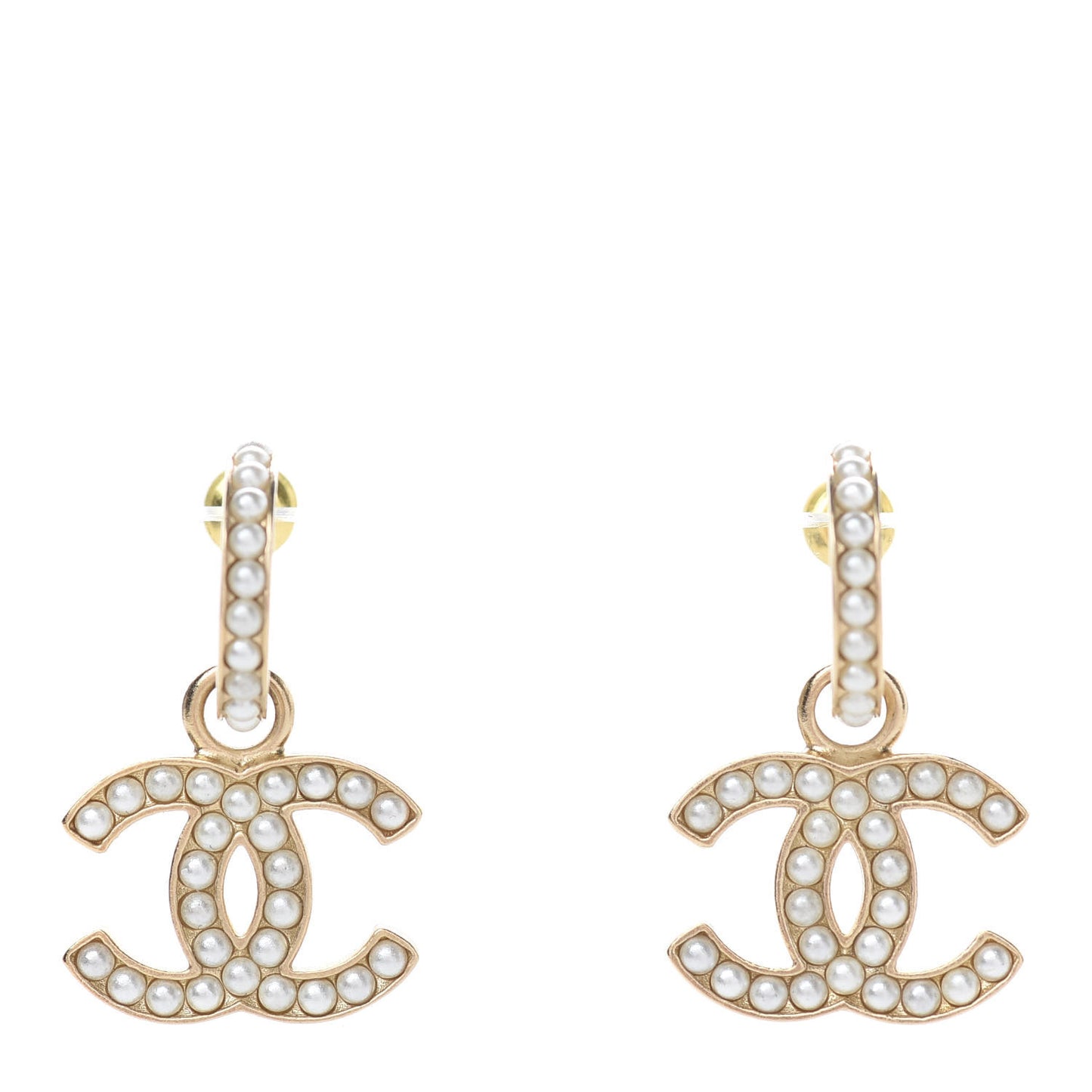 Pearl CC Hoop Drop Earring Gold