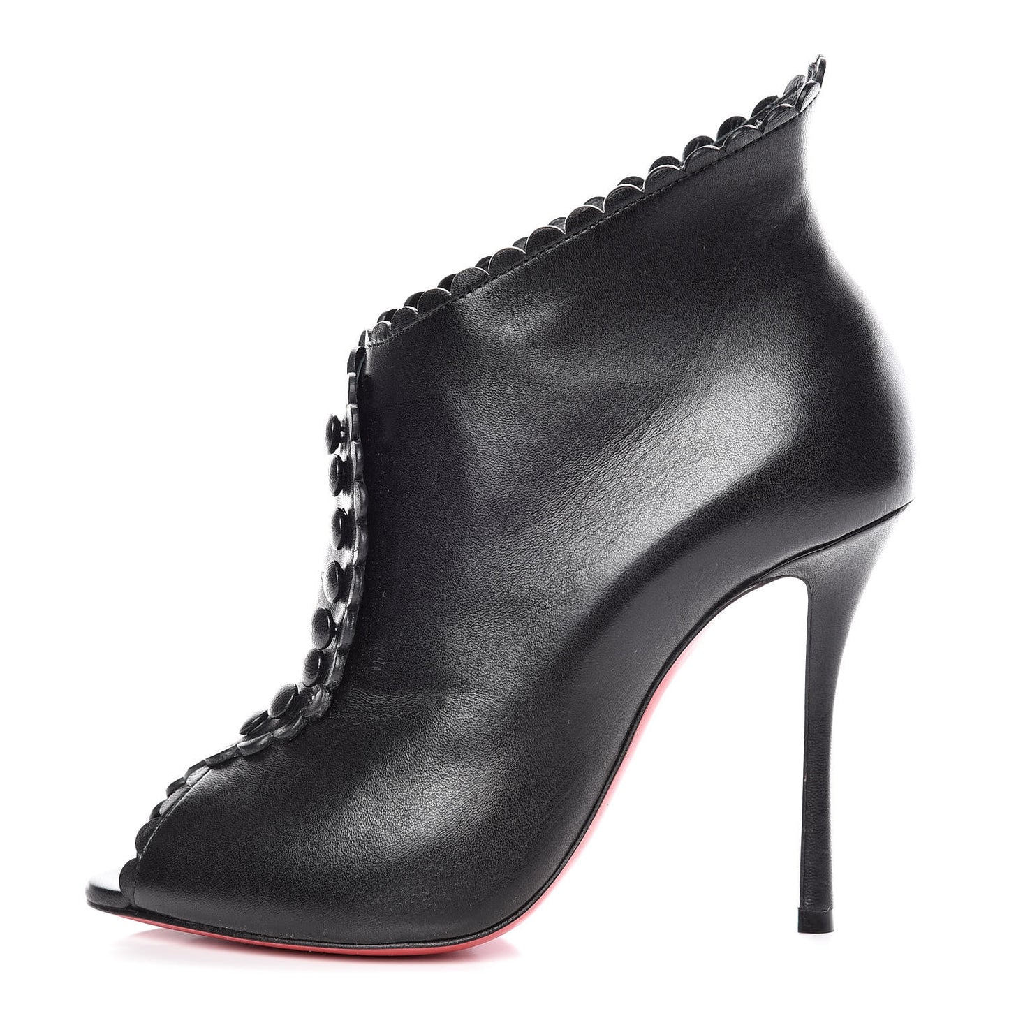 Lambskin Deguise Scalloped Button 100 Peep Toe Booties 36 Black