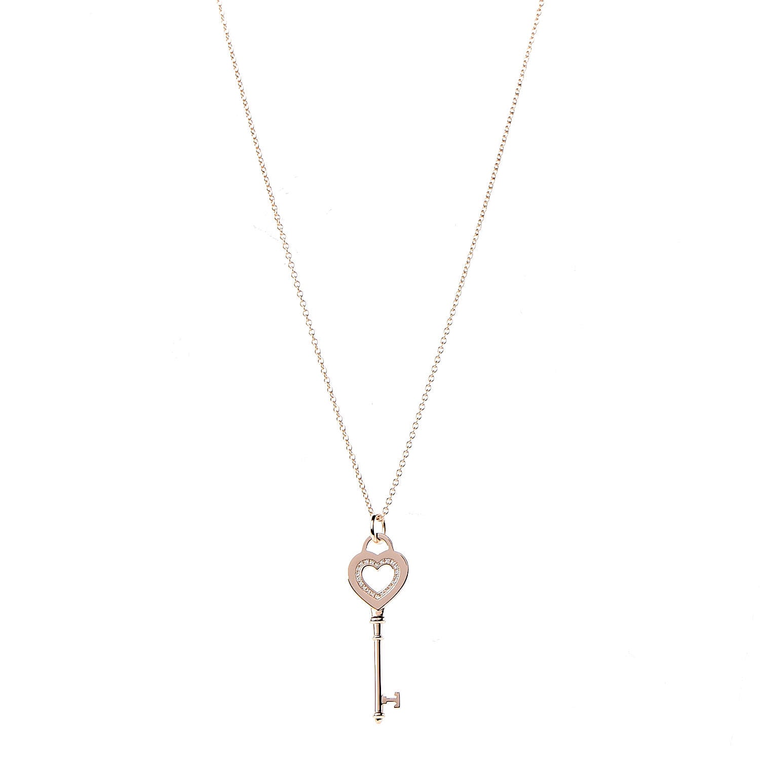 Tiffany 18K Rose Gold Diamond Heart Key Pendant Necklace 1 of 6