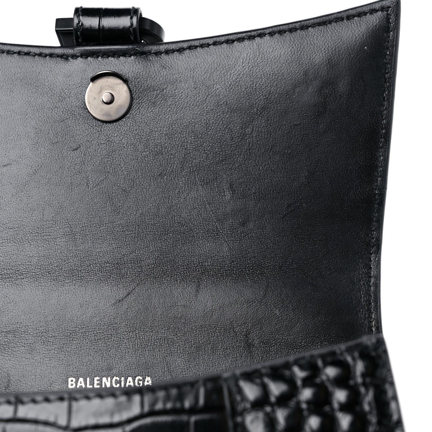 Balenciaga Shiny Calfskin Monochrome Crocodile Embossed Hourglass Top Handle Bag XS Black 9 of 10