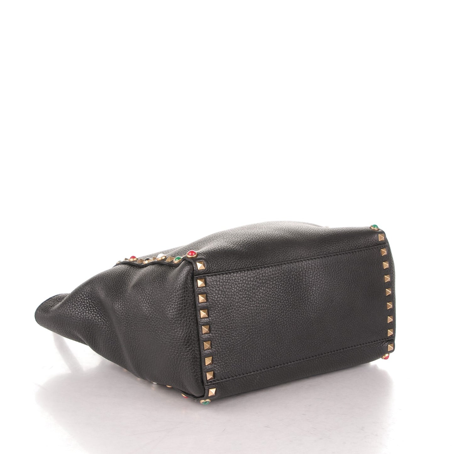 Pebbled Calfskin Rockstud Rolling Double Handle Tote Black