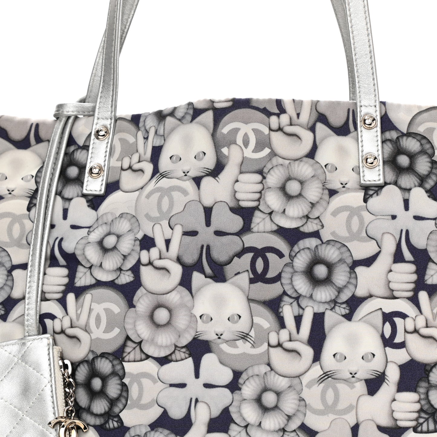Nylon Cat Emoticon Tote Navy Silver