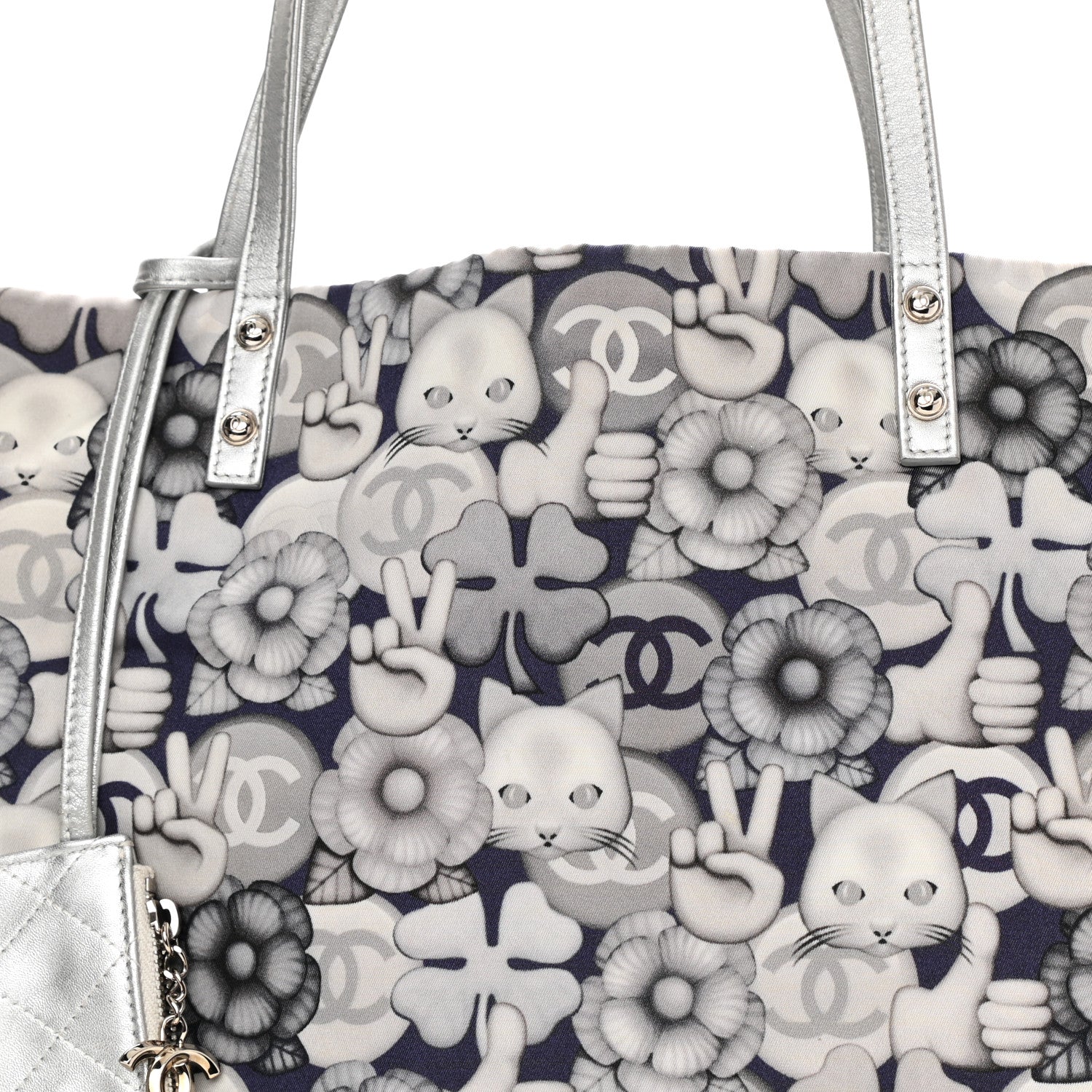Chanel Nylon Cat Emoticon Tote Navy Silver 7 of 9