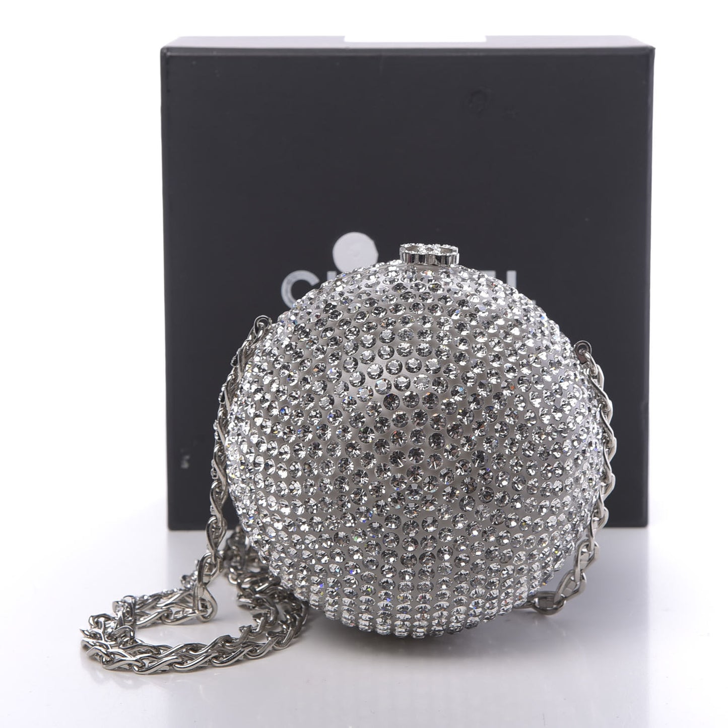 Plexiglass Strass CC Round Minaudiere Clutch Silver