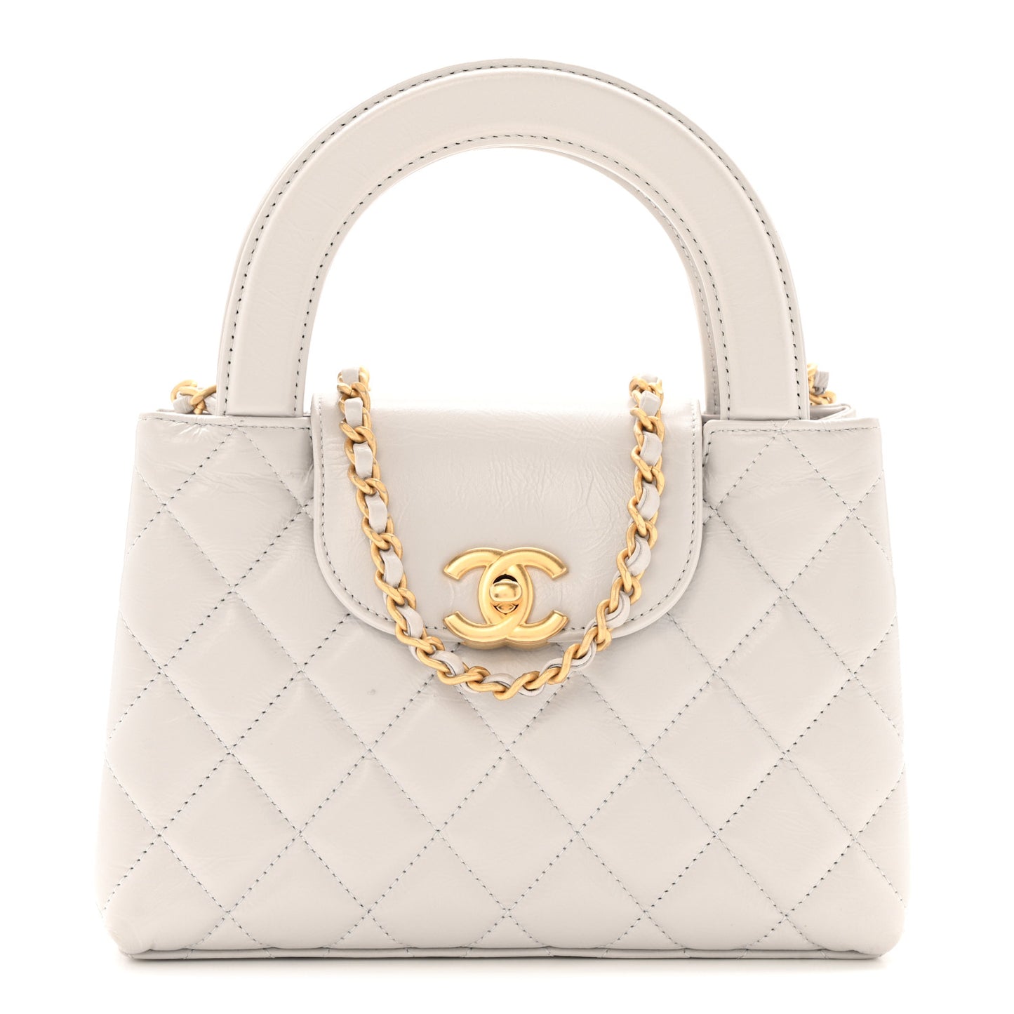 Shiny Aged Calfskin Quilted Nano Kelly Shopper Light Grey