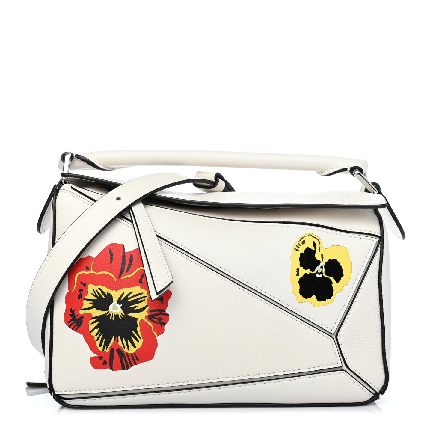 Calfskin Small Pansies Print Puzzle Bag Soft White