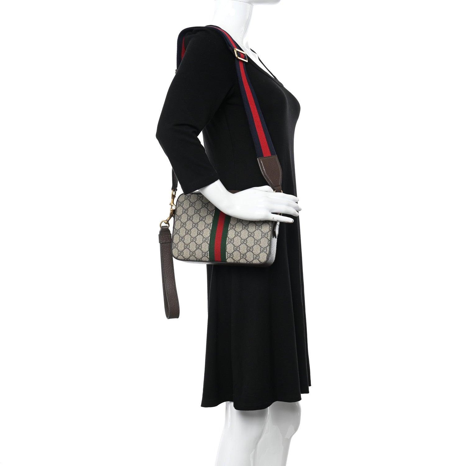 Gucci GG Supreme Monogram Textured Dollar Calfskin Web Ophidia Wristlet Shoulder Bag Beige Ebony New Acero 2 of 9