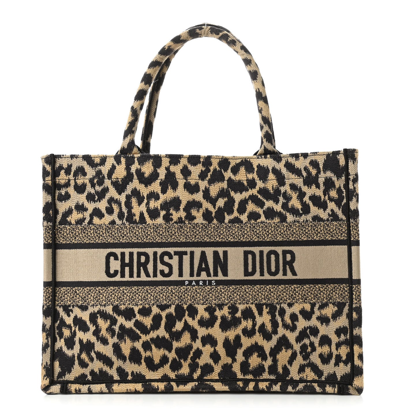 Canvas Mizza Embroidered Medium Leopard Book Tote Beige