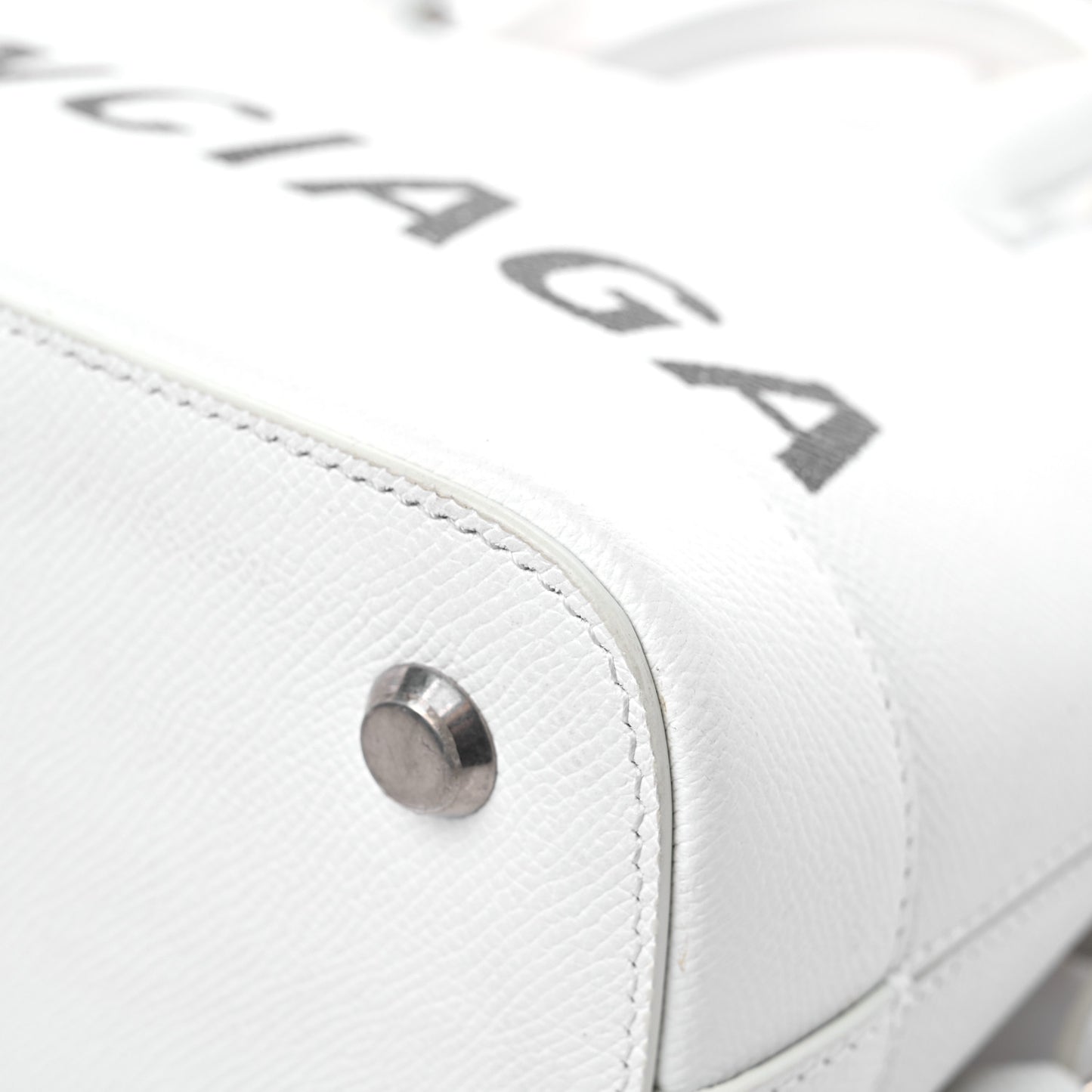 Signature Grained Calfskin Logo S Ville Top Handle Bag White Black