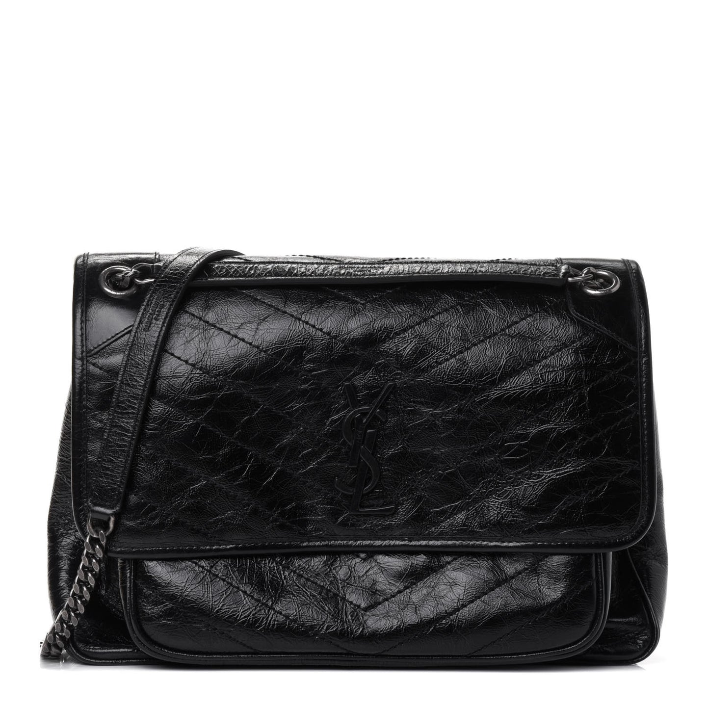 Crinkled Calfskin Matelasse Monogram Large Niki Chain Satchel Black