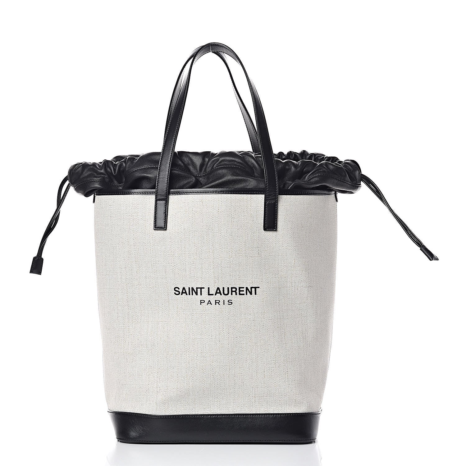 Saint Laurent Canvas Calfskin Teddy Drawstring Shopping Tote White Black 3 of 15