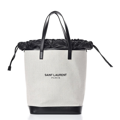 Saint Laurent Canvas Calfskin Teddy Drawstring Shopping Tote White Black 3 of 15