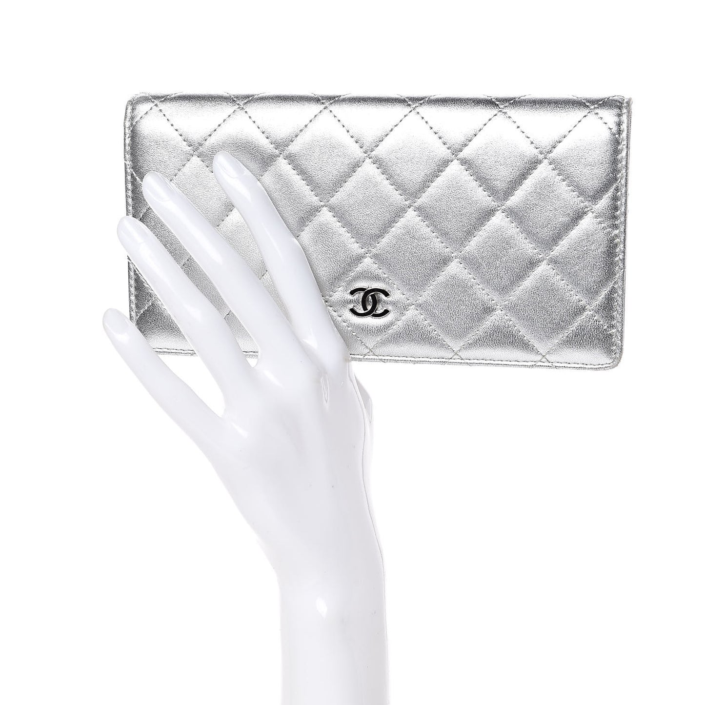 Metallic Calfskin Quilted Yen Wallet Dark Silver