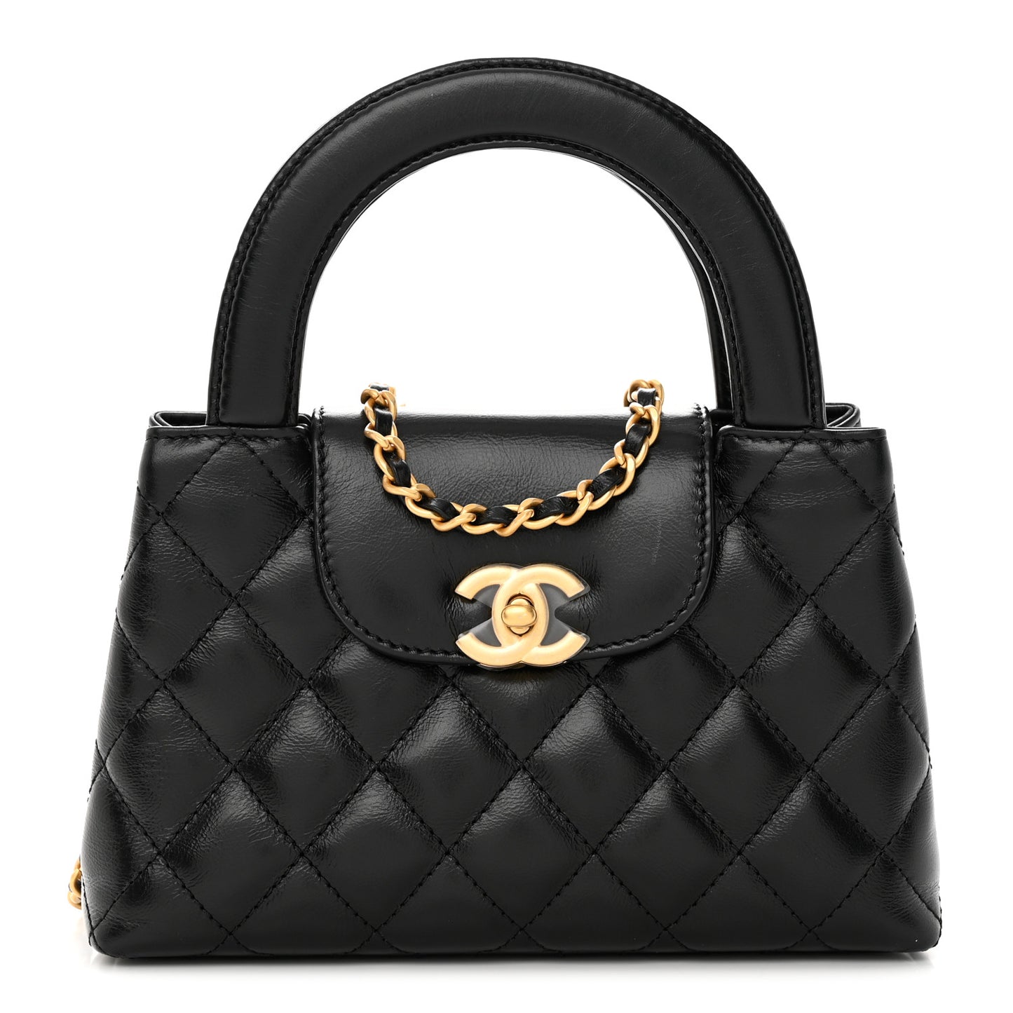 Shiny Aged Calfskin Quilted Nano Kelly Shopper Black