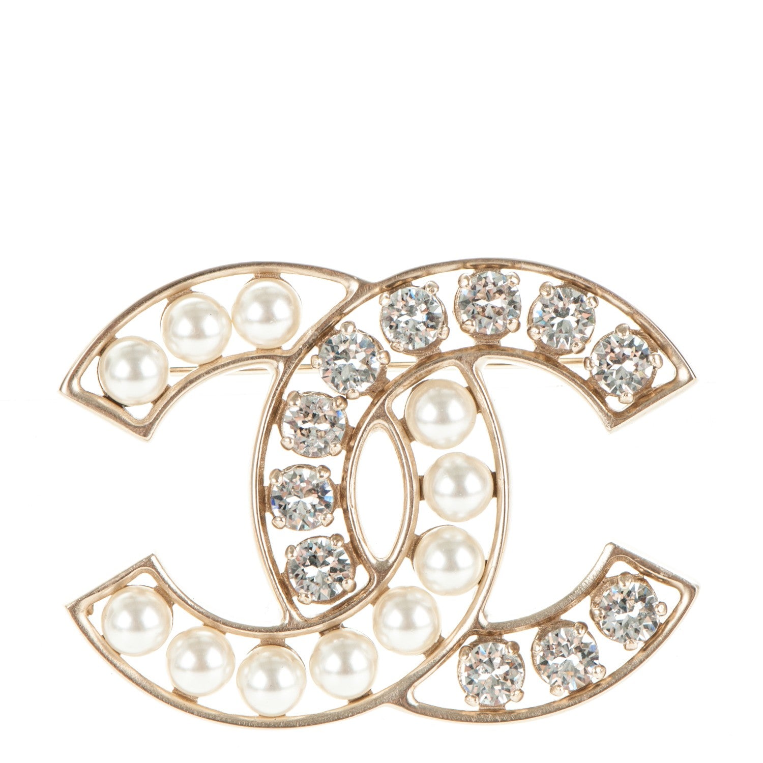 Chanel Pearl Crystal CC Brooch Gold 1 of 3