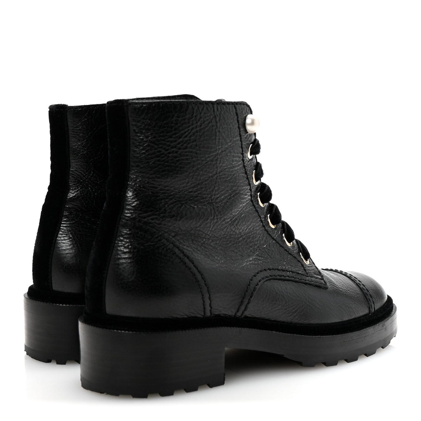 Shiny Calfskin Velvet Pearl Combat Short Boots 37 Black