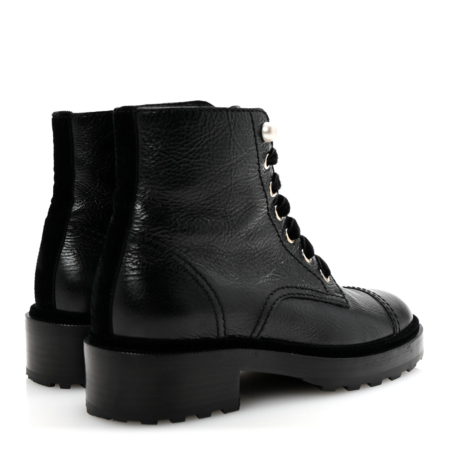 Chanel Shiny Calfskin Velvet Pearl Combat Short Boots 37 Black 5 of 10