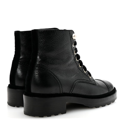 Chanel Shiny Calfskin Velvet Pearl Combat Short Boots 37 Black 5 of 10