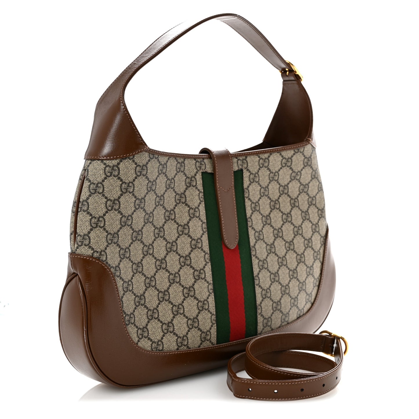 GG Supreme Monogram Azalea Calfskin Web Medium Jackie 1961 Hobo Beige Ebony Brown Sugar