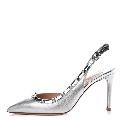 Valentino Garavani Metallic Pebbled Calfskin Rockstud Half D'Orsay Slingback 85mm Pumps 36.5 Silver 1 of 8