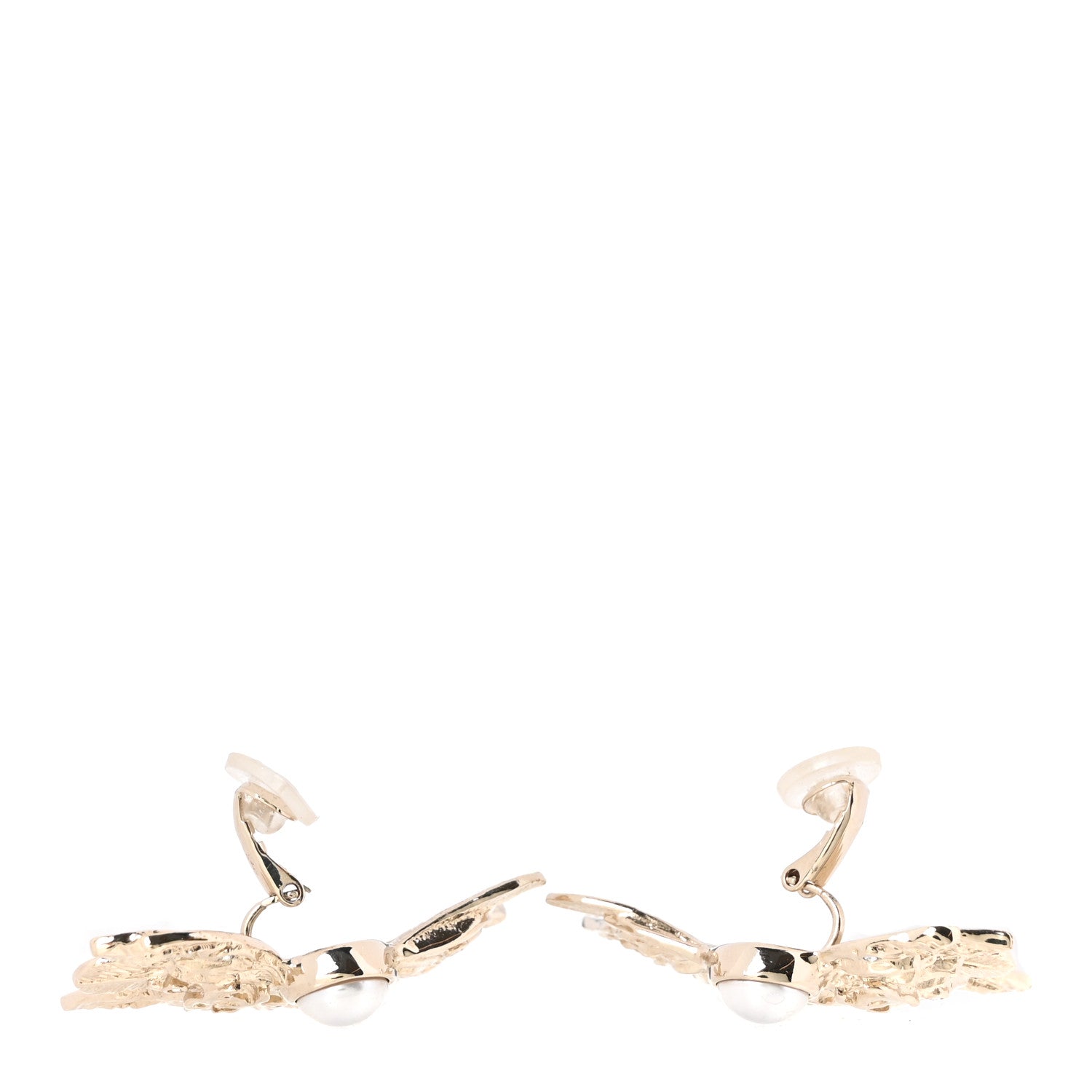 Chanel Metal Pearl Feather Clip On Earrings Gold 3 of 5